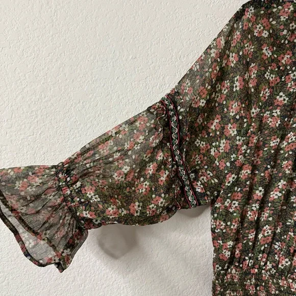 Zara Floral Beaded Mini Dress Small Peasant BOHO Festive Ruffle Smocked - Picture 6 of 15